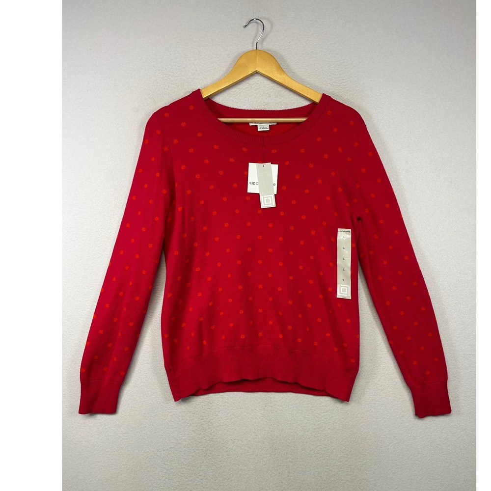 Preppy Liz Claiborne Womens‎ Large Red Polka Dot Cotton Crewneck Sweater NWT
